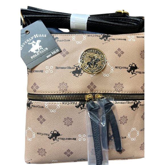 Beverly Hills Polo Club Tan & Black Crossbody Bag With Adj Strap & Zipper Accent - Picture 2 of 5